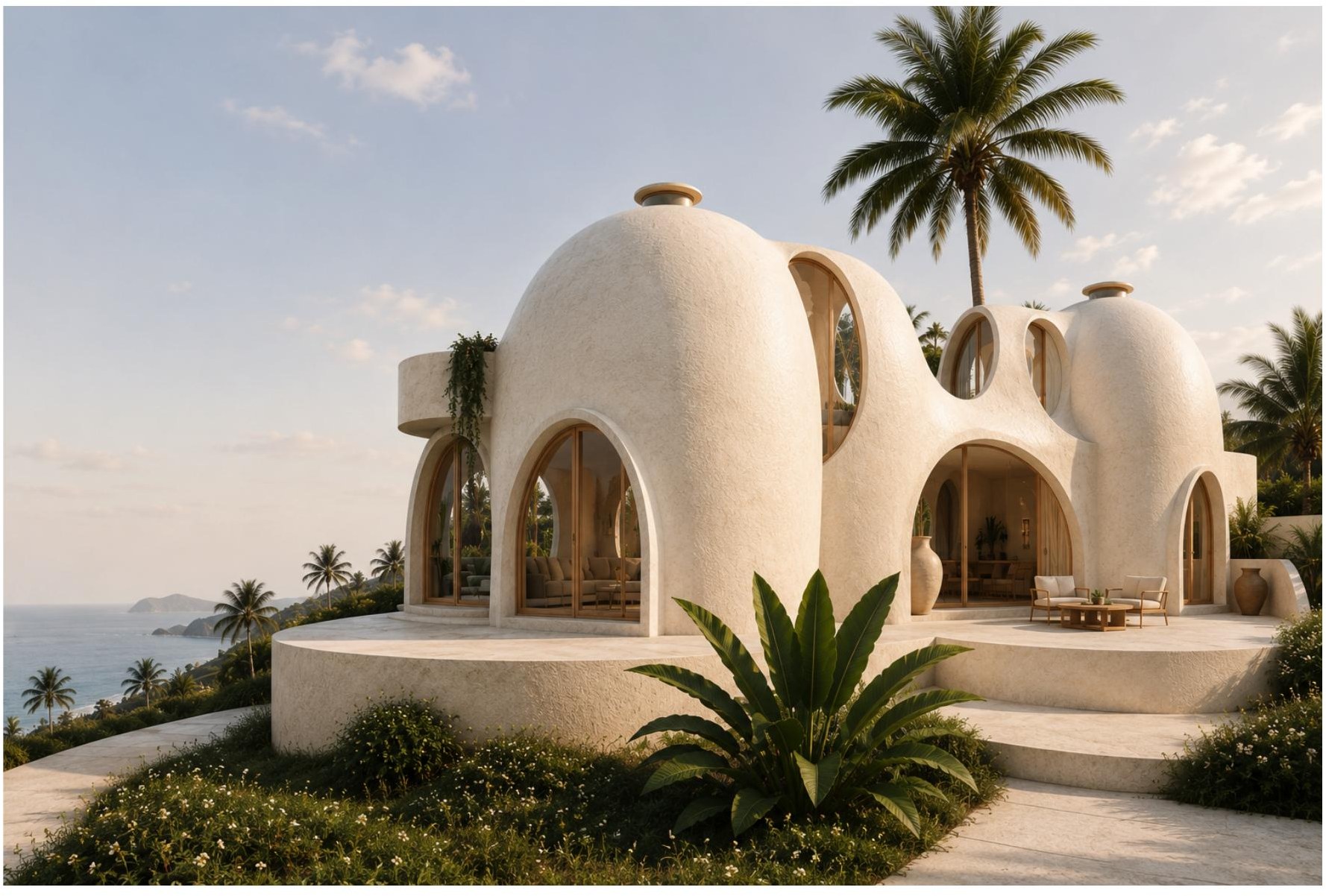 Al-Quba dome villa with arched windows among palm trees in North Lombok